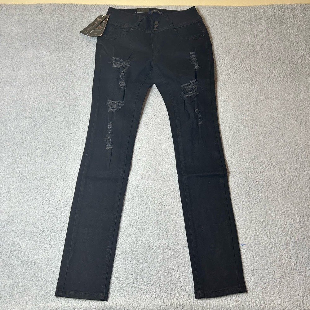 2Q Jeans Womens Juniors 7 Black High‎ Rise Flat Front Distressed Denim NEW